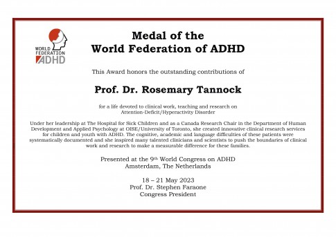 Medal of the World Federation of ADHD awarded to Prof. Dr. R. Tannock